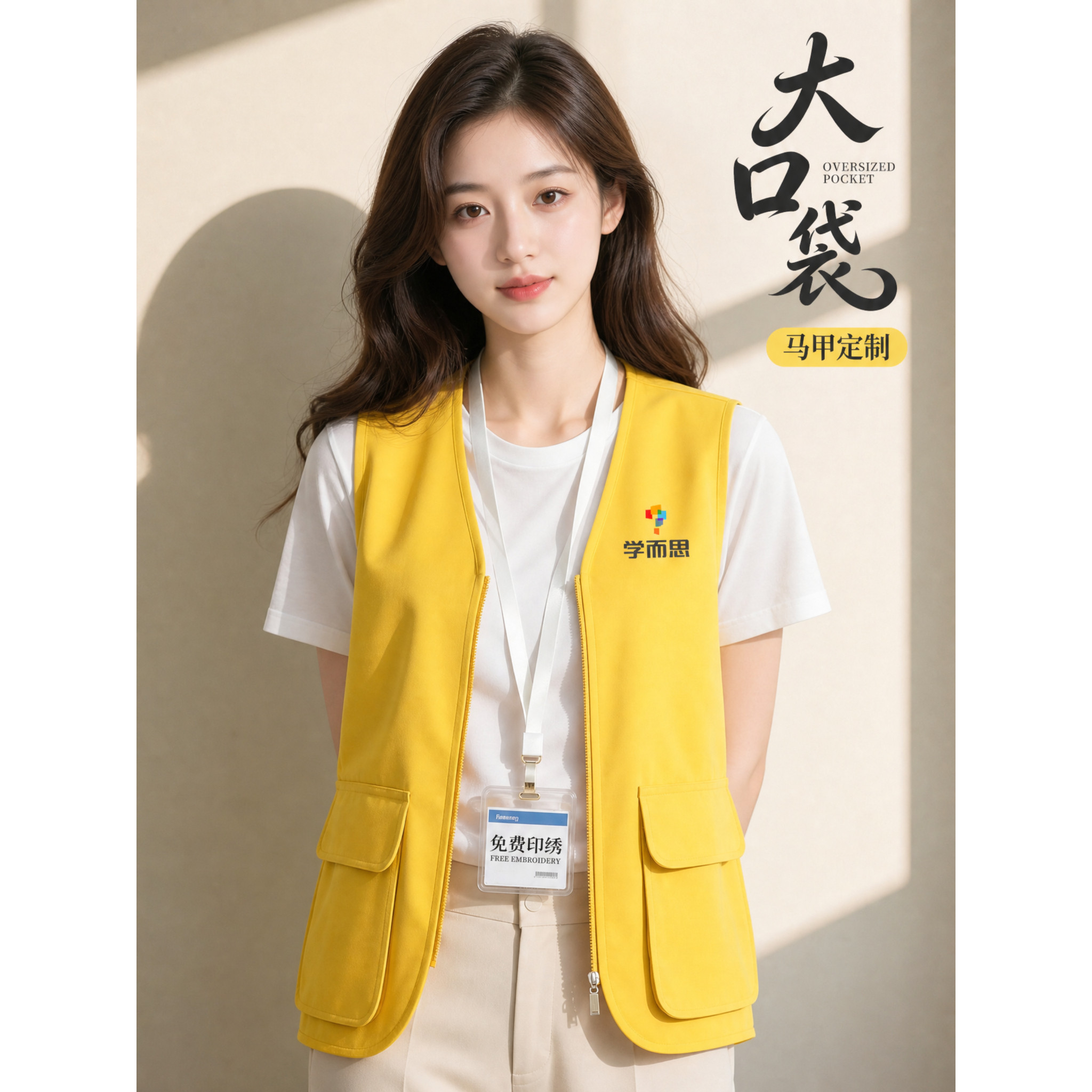 黄色V领拉炼马甲男女通用