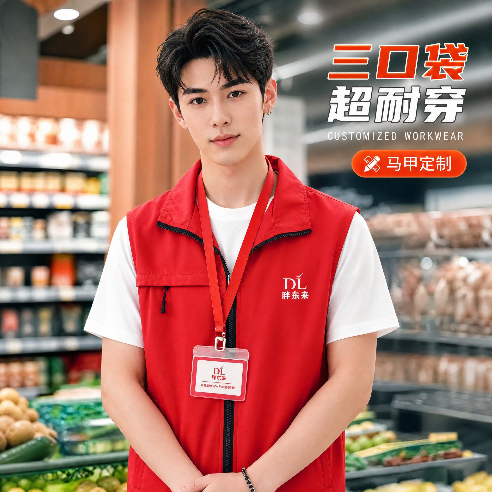 马甲工作服服务员红色拉