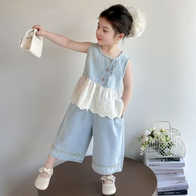 女童套装2025新款夏季儿童洋气牛仔马甲背心阔腿裤两件套女孩童装
