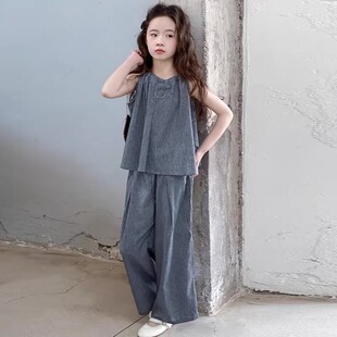女童夏季韩版休闲无袖吊带阔腿裤麻棉套装中大童海边洋气炸街夏装
