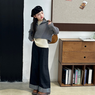 牛仔闊腿褲 女童秋裝 拉鏈毛衣外套打底衫 疊穿短款 套裝 韓系甜酷時尚