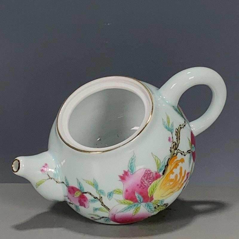 欧洲回流收藏古董老物件清代粉彩寿桃茶壶水壶全品茶具手把壶古玩