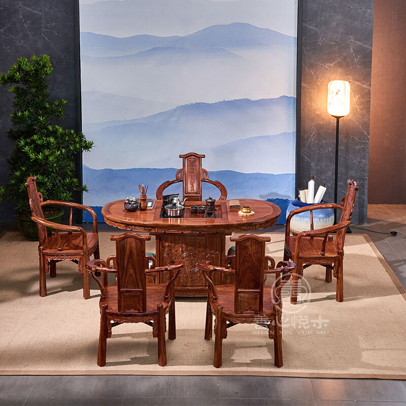 实木茶桌椅组合一桌五椅刺猬紫檀红木茶桌办公室茶台茶几泡茶桌子