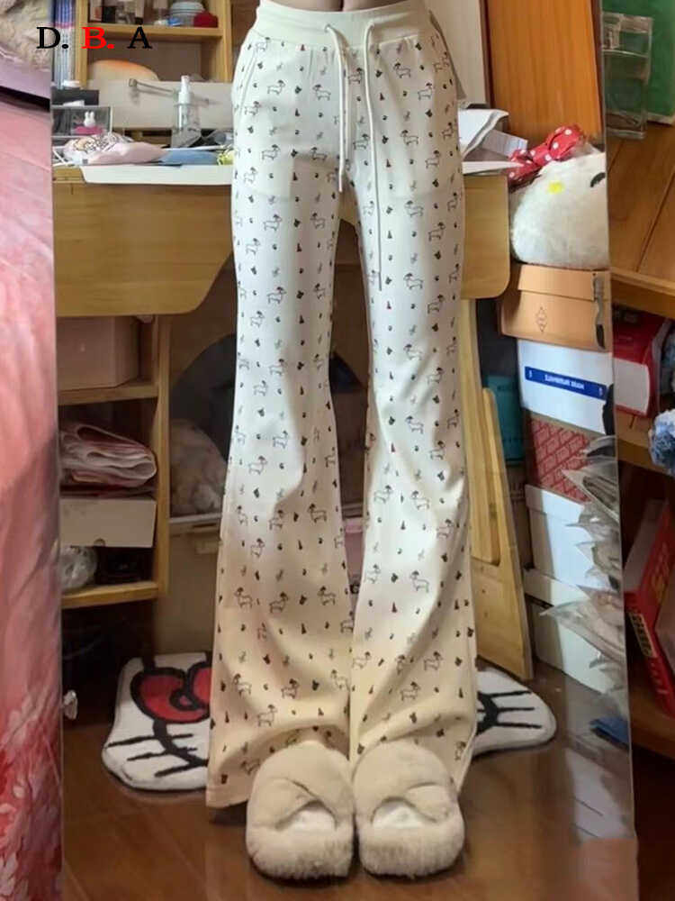 小狗碎花微喇裤女高腰美式