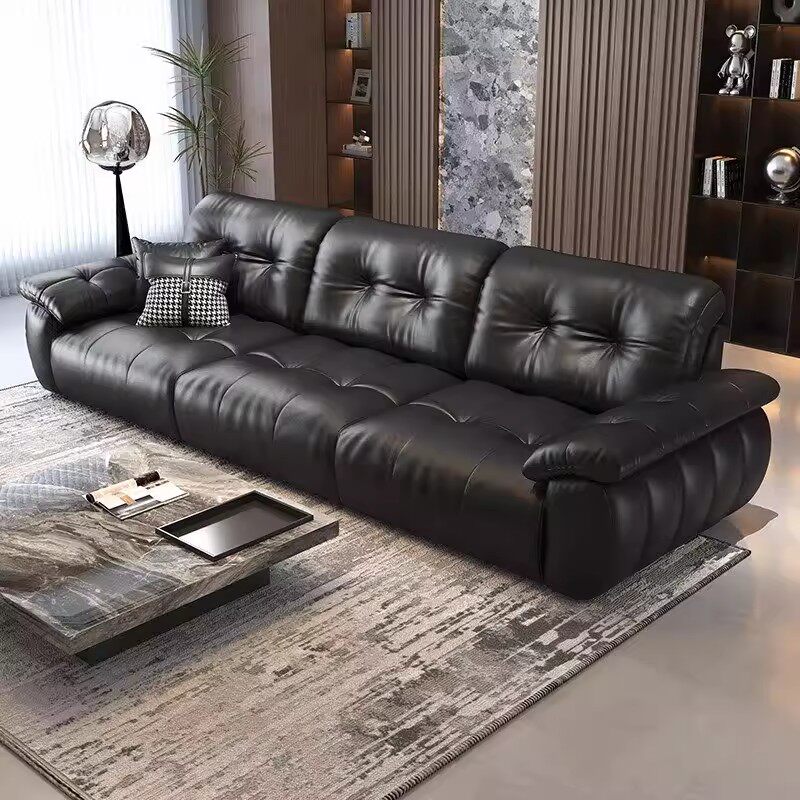 意式极简真皮沙发客厅轻奢新款直排中古风黑色头层牛皮沙发大黑熊