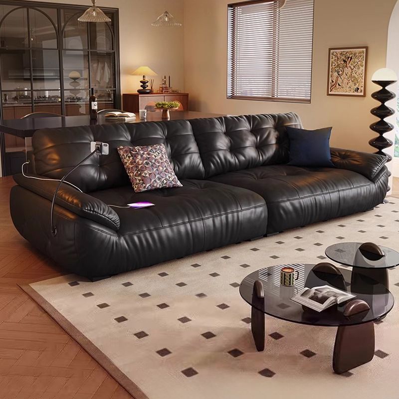 云朵真皮沙发黑色现代意式头层真皮客厅多功能三人直排中古风新款