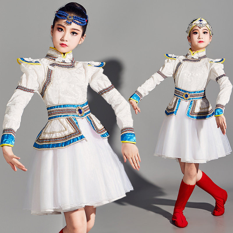 速发蒙古服蹈演出服儿蒙服族舞装童白马筷子舞童古族蒙族服饰蒙古