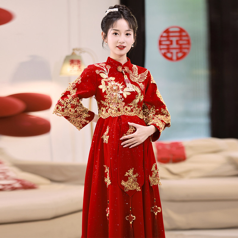 速发中式复古刺宴敬酒服孕妇答娘大码订婚连衣裙长袖新谢绣结婚晚