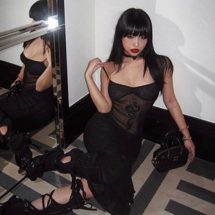 速发wa裙t妹is 暗黑网纱连衣a黑色辣h吊带裙亚文化性感夜店裙子