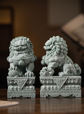 现货速发中式国潮青砂石狮子一对客厅玄关桌面摆件招财家居台装饰