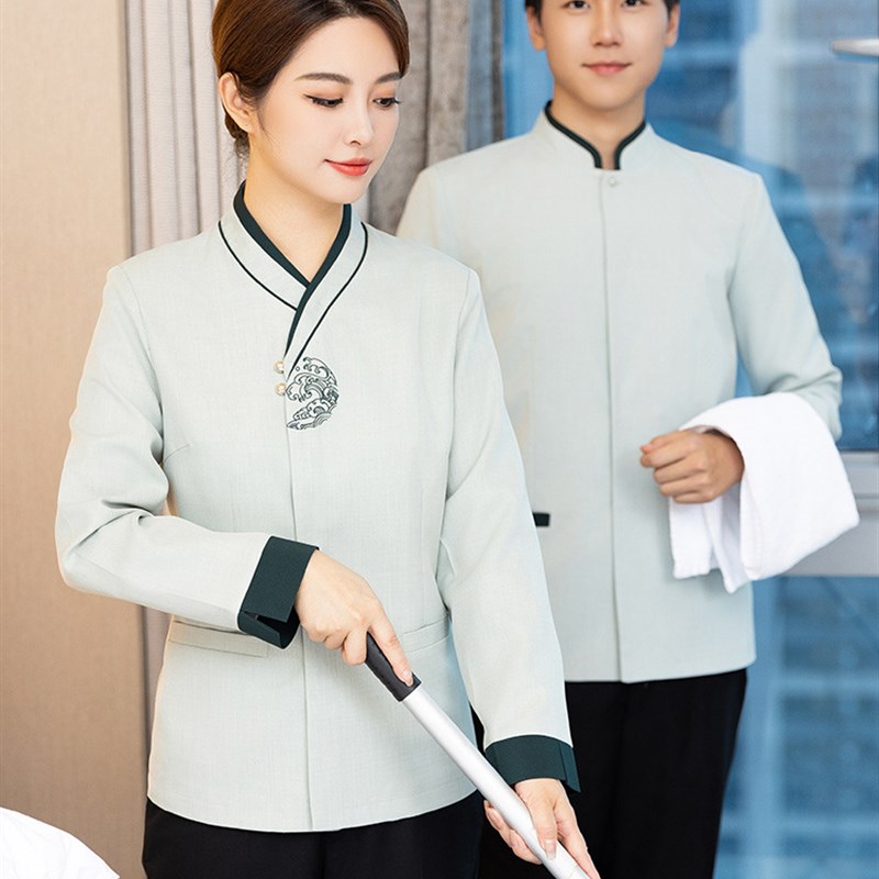 速发新款保洁服长袖男酒店客房服务员物业小区阿姨工作服制服印绣