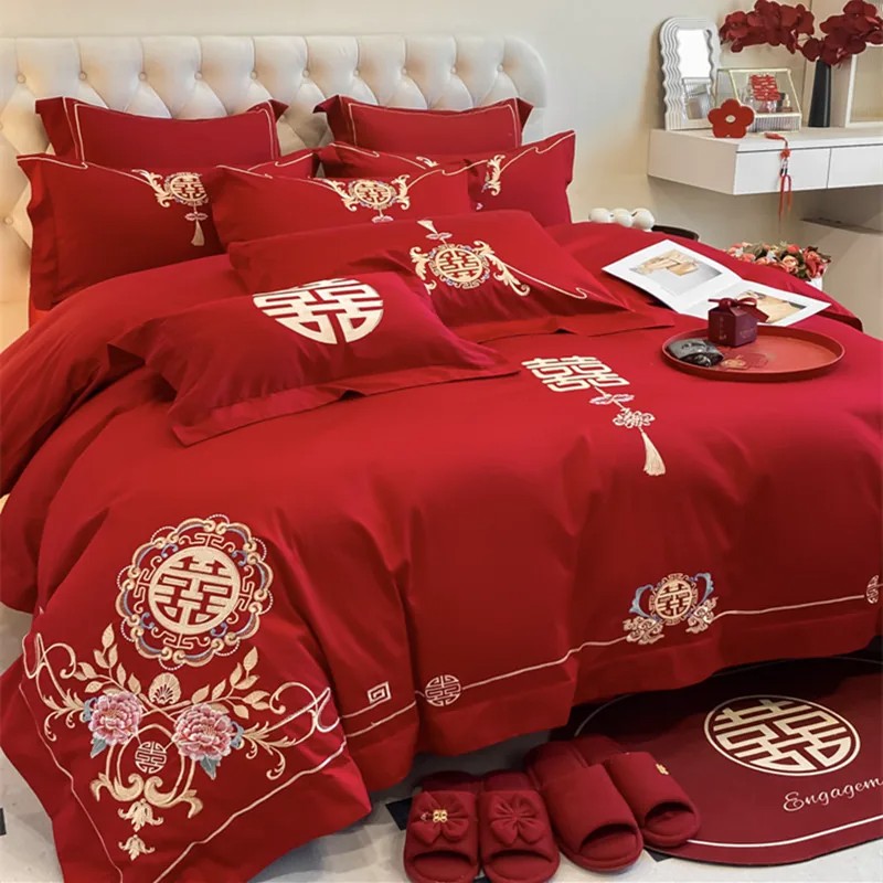 高档中式结婚新婚陪嫁大红色婚庆被套床上用品床笠四件套新人备婚