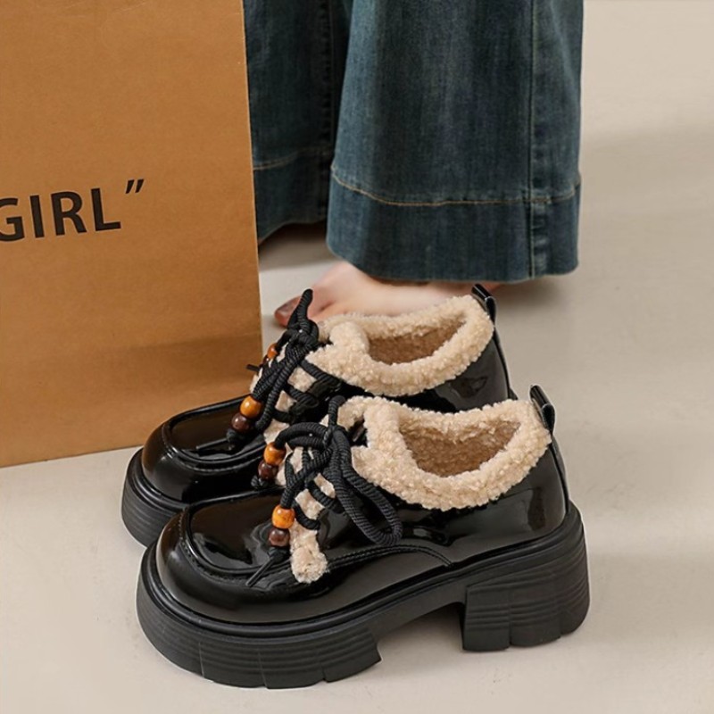 黑色厚底增高毛毛乐福鞋女2025冬季新款英伦风时尚百搭系带小皮鞋,女鞋,棉鞋,淘宝优惠券,粉丝福利购,淘宝优惠卷
