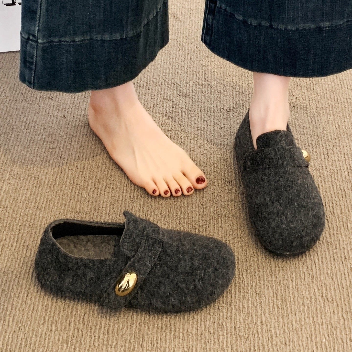 灰色勃肯休闲舒适豆豆棉鞋女2025年新款冬季懒人一脚蹬毛毛乐福鞋,女鞋,棉鞋,淘宝优惠券,粉丝福利购,淘宝优惠卷