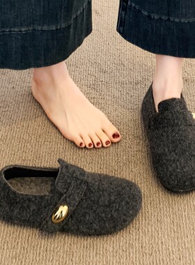 灰色勃肯休闲舒适豆豆棉鞋女2025年新款冬季懒人一脚蹬毛毛乐福鞋