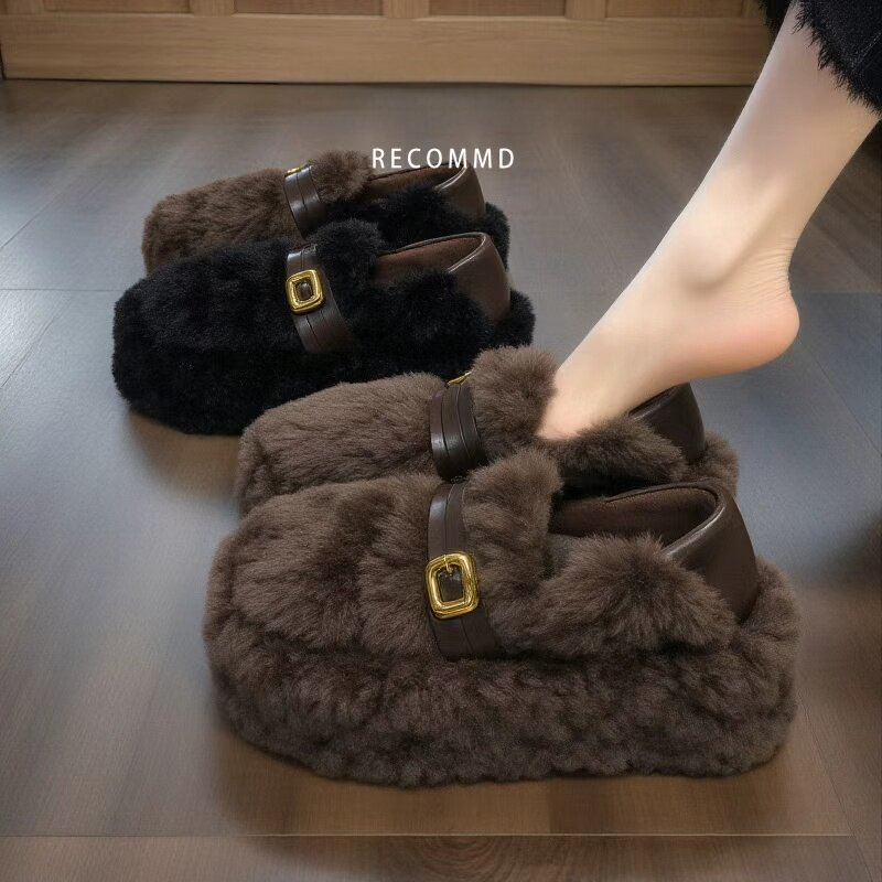 休闲时尚百搭毛毛鞋女2025冬季加绒保暖厚底增高一脚蹬豆豆鞋外穿,女鞋,棉鞋,淘宝优惠券,粉丝福利购,淘宝优惠卷