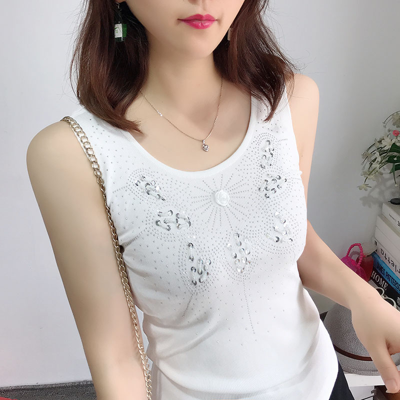 韩版新款无袖冰丝针织吊带背心女烫钻花朵黑白色小心机打底衫外穿