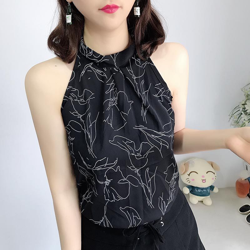 复古印花雪纺挂脖吊带背心女宽松内搭无袖打底衫2019夏季外穿上衣
