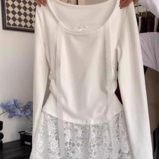 白色德绒上衣 小众设计感打底衫 韩版 假两件挂脖蕾丝屁帘t恤女春季