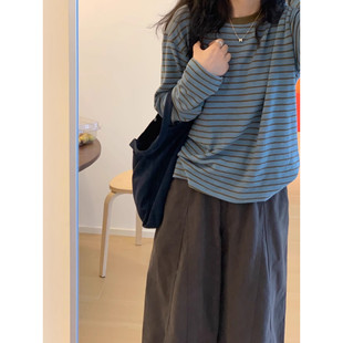 女早秋爆款 打底衫 宽松慵懒洋气百搭圆领上衣 复古拼色条纹长袖 美式