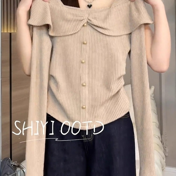 一字不露肩褶皱荷叶边针织衫