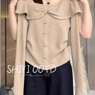 减龄洋气长袖 新款 上衣 2025秋季 设计感一字不露肩褶皱荷叶边针织衫