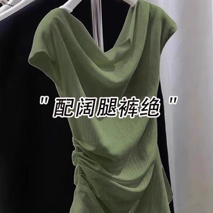上衣ins 韩系荡领百搭飞飞袖 森系复古褶皱收腰绿色短袖 t恤女夏新款