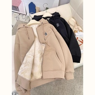 柔软厚实超好穿~加绒加厚连帽羊羔绒卫衣外套女秋冬宽松保暖上衣