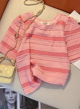 奥特莱斯~特价余单粉色条纹t恤女夏短袖小个子短款多巴胺韩系上衣