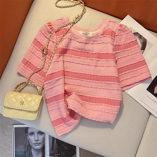 小个子短款 余单粉色条纹t恤女夏短袖 多巴胺韩系上衣 特价 奥特莱斯