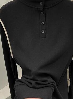 随便搭都好看~韩系拼色保暖纽扣立领双面德绒长袖T恤女内搭打底衫