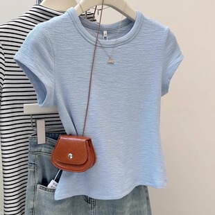 褶皱肌理感短款 短袖 上衣夏季 修身 减龄纯色打底衫 广州十三行爆款