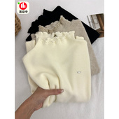 好好看 女秋冬软糯质感针织上衣 miu系高领花边打底衫 色系 法式