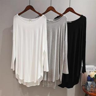 打底衫 广州十三行女装 T恤纯色长袖 莫代尔中长款 宽松上衣 春夏季