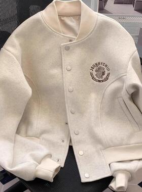 少女感满满！小香风棒球服毛呢外套女春秋宽松飞行员夹克开衫上衣