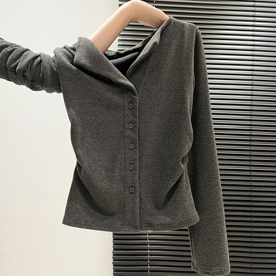 收腰v领上衣开衫磨毛长袖t恤