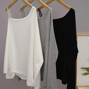 T恤女纯欲露肩慵懒风百搭上衣 宽松斜肩纯色长袖 2025早秋新款 韩版