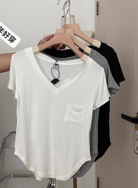 奥特莱斯~品牌特价2024夏季新款设计感小众纯欲风V领短袖t恤女ins