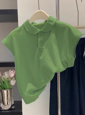 外贸尾货~余单大牌牛油果绿polot恤短袖女纯棉正肩甜辣纯棉上衣