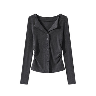 t恤上衣 显瘦正肩长袖 灰色v领内搭打底衫 女秋冬褶皱收腰修身