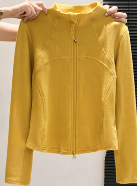 一眼心动啦！德绒立领双拉链长袖开衫女通勤风修身黄色设计感上衣