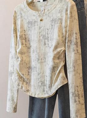 广州十三行爆款！扎染不规则宽松女修身胖mm显瘦遮肚欧货圆领上衣