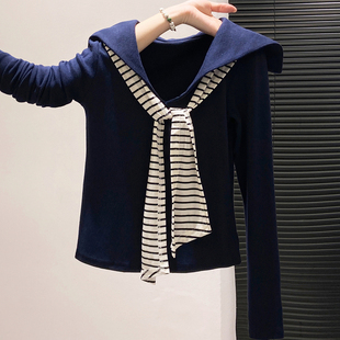 显瘦披肩上衣ins 设计感修身 韩系海军领正肩长袖 t恤女2025早秋新款