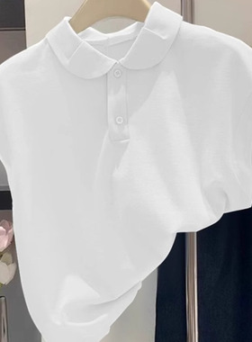 好看又显高级！白色翻领POLO衫短款飞飞袖短袖t恤正肩绝美上衣女
