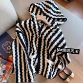 广州十三行高货 黑白条纹双拉链连帽针织开衫 女宽松气质毛衣外套