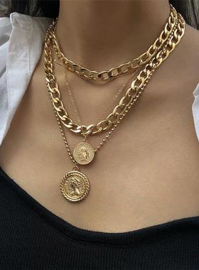 New Jewelry Multilayer round card pendant necklace female女