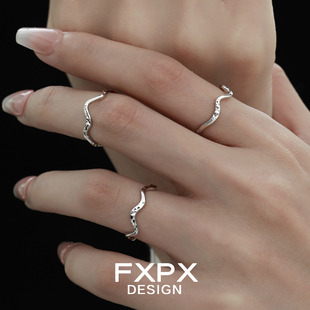 FXPX 纯银波浪线条素圈叠戴细款戒指冷淡风镜面金属风开口可调节