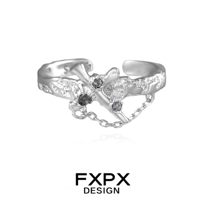 FXPX 纯银十字链条戒指女小众设计高级感开口可调节不掉色食指戒