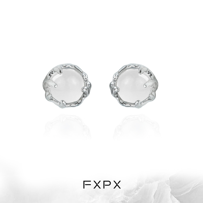FXPX原创925纯银耳钉女白玛瑙简约小巧养耳免摘耳饰冷淡风耳环
