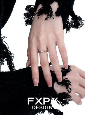 FXPX 棋盘格四芒星纯银戒指小众设计开口可调节高食指戒不掉色